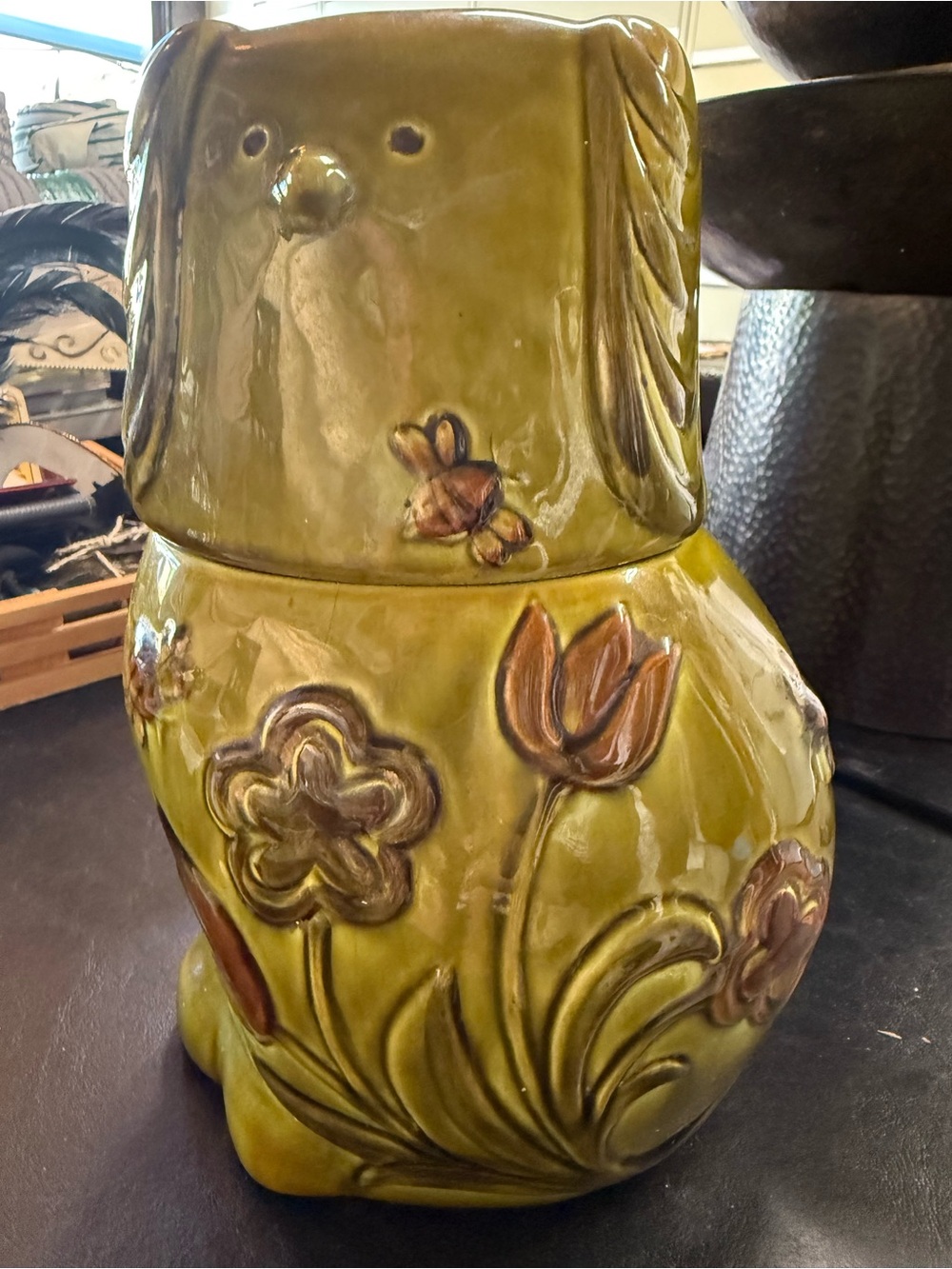 Vintage Los Angeles Pottery Green Ceramic Dog Cookie Jar with Floral Relief